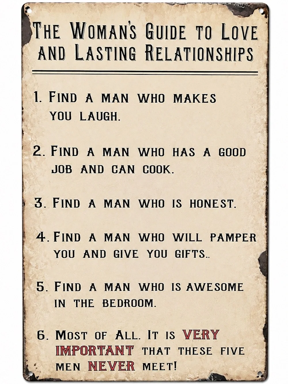 NEW Man’s Guide To Relationships Metal Sign